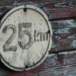 A rustic speed limit sign reading 25 km on a weathered wooden wall, showcasing vintage charm.