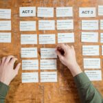 Hands arranging screenplay cards on a wooden table, depicting script development.