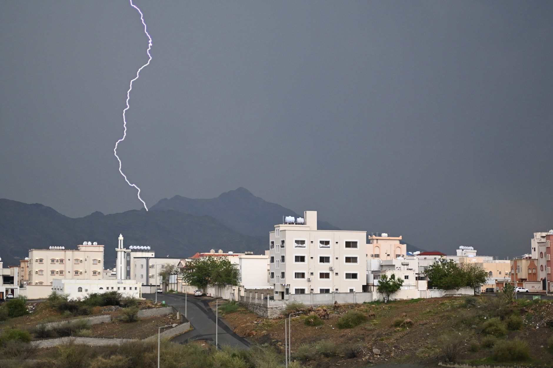 Dramatic lightning bolt over Muhayil city with mountains and storm clouds in Aseer Province, Saudi Arabia.