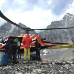 A helicopter and climbers at a high-altitude Himalayas location, Nepal.