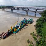 Dredging barge on Gorai River near Gorai Bridge, Kushtia, Bangladesh.