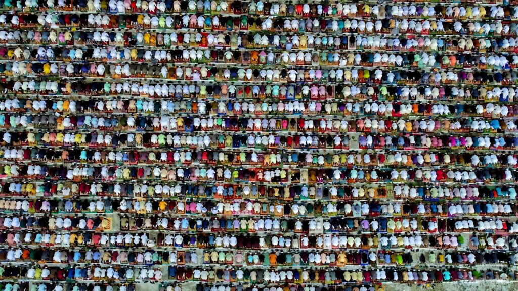 Aerial shot of a large group during an Islamic prayer gathering in Jashore, Bangladesh.