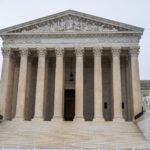 Front view of the iconic US Supreme Court building showcasing its grand columns and classic architecture.