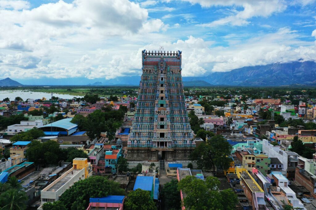 Discover the vibrant Srivilliputhur Andal Temple with its intricate architecture and colorful townscape.