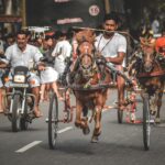 Dynamic street scene of traditional horse racing in Aranthangi, India.