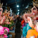 Vibrant Ganesha idols prepared for Ganesh Chaturthi festival in Hayathnagar, India.