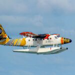 Vibrantly painted seaplane flying over the clear skies of Maldives, showcasing its colorful design.