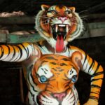 Vibrant costume of Pulikali tiger dance performer during Kerala's Thrissur festival.