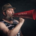 Bearded man shouting through a red megaphone with 'No to A.I' message.