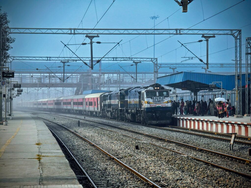 A scenic view of a train arriving at Patiala railway station in India.
