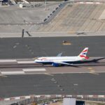 A British Airways aircraft on the runway, preparing for takeoff at Gibraltar Airport.