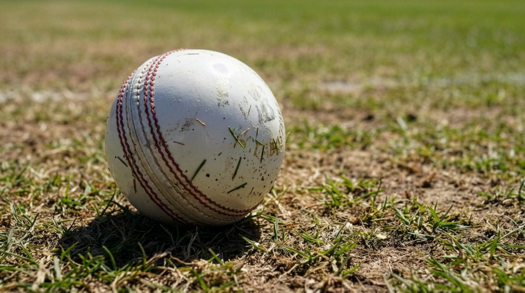 Close-up of a cricket ball on a grassy pitch, symbolizing outdoor sports.
