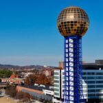 Aerial view of the iconic Sunsphere in Knoxville, Tennessee on a sunny day.