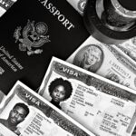 A black and white composition of a US passport, visas, and currency, showcasing travel essentials.