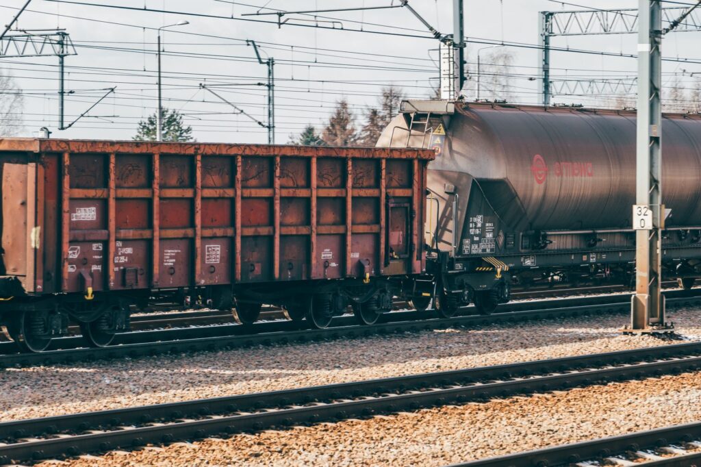 Industrial freight train wagons on railway tracks in Trzebinia, Poland.