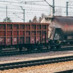 Industrial freight train wagons on railway tracks in Trzebinia, Poland.
