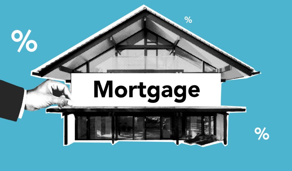 Cutout paper composition of realtor with inscription mortgage over house for purchases with payment of interest on amount of cost