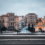 Majestic view of Kyiv's Independence Square showcasing historic architecture and vibrant urban life.